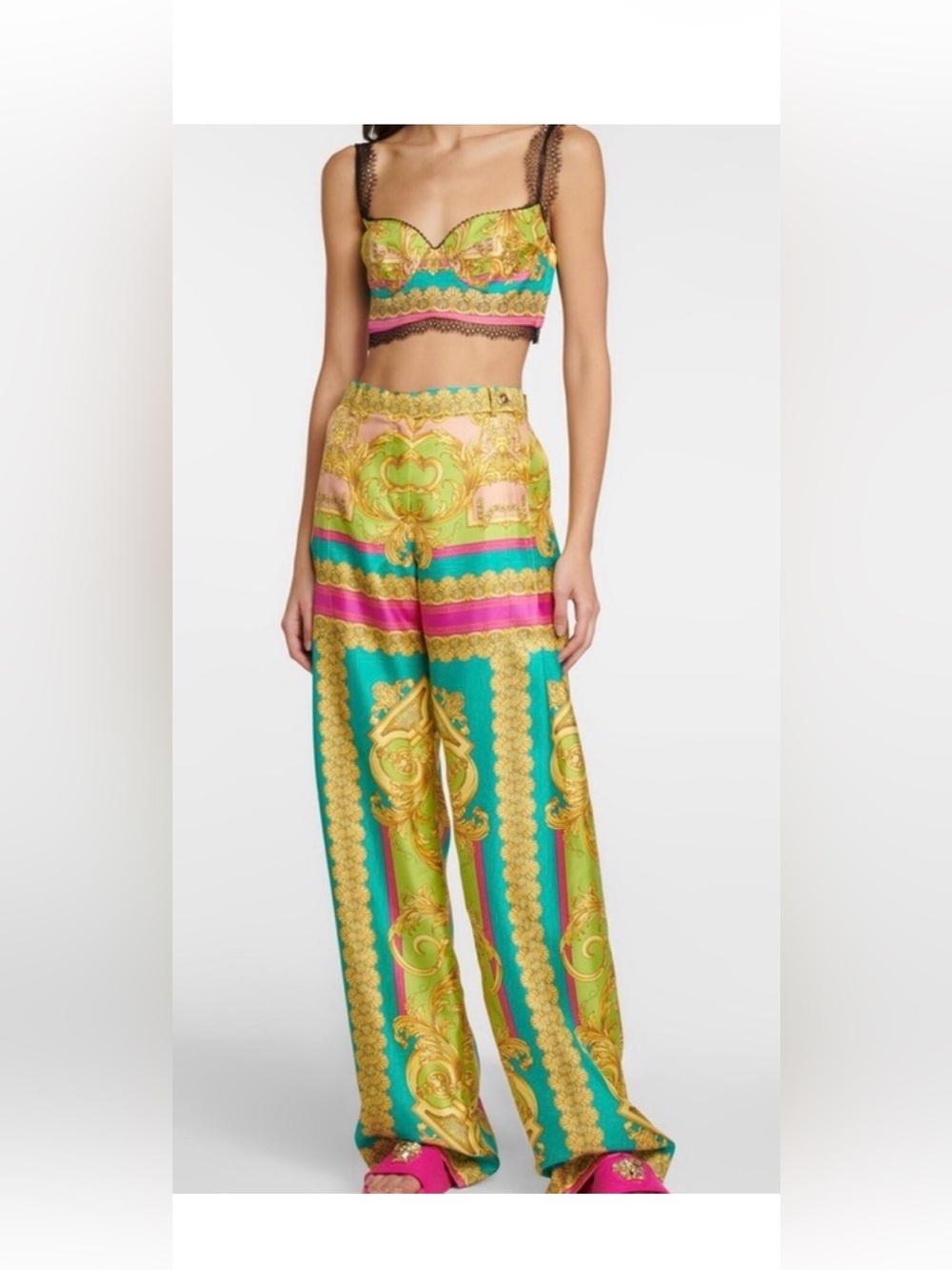 Versace  Baroque Print Wide-Leg Jumpsuit in Pink & Green silk